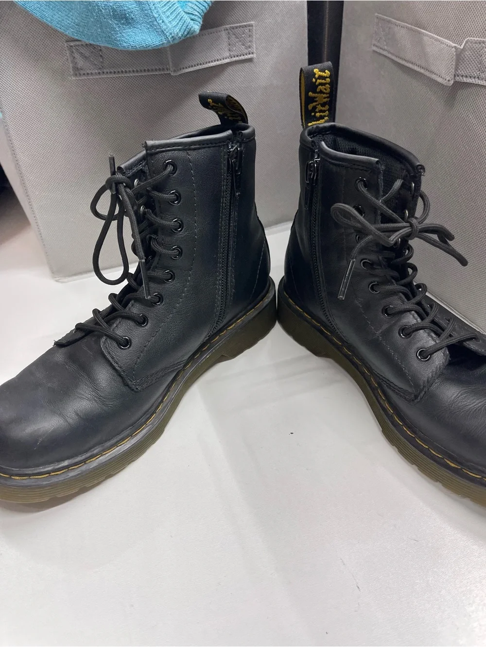 Dr. Martens Kids Black Leather Lace-Up zip up Boots with‎ Yellow Stitching